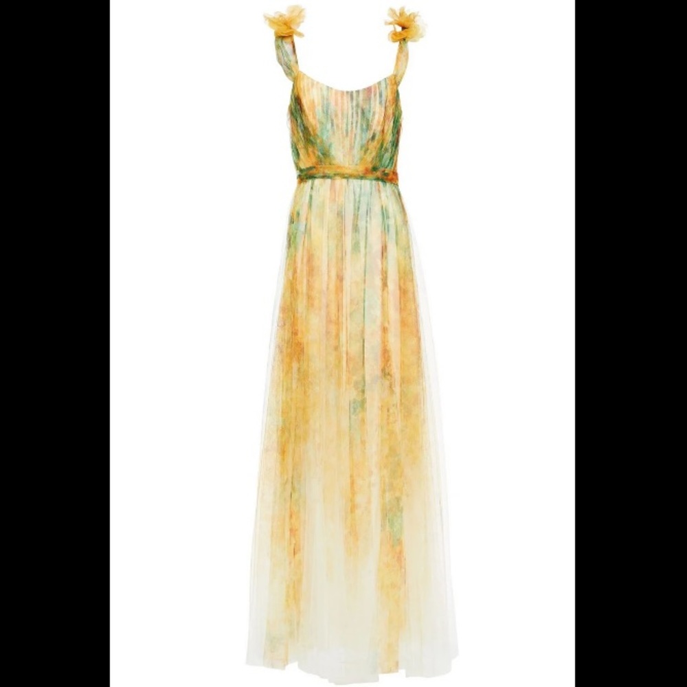 MARCHESA NOTTE Appliquéd pleated print tulle gown